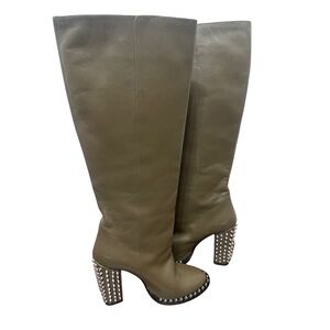 Philipp Plein Olive Green Studded Spike Knee-High Heel Leather Boots Size 41